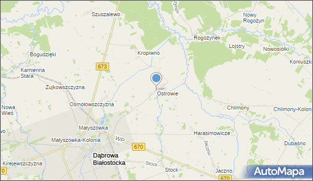 mapa Ostrowie, Ostrowie gmina Dąbrowa Białostocka na mapie Targeo